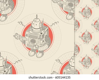 The guitarist robot. Music theme seamless pattern