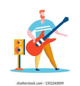 Guitarist, Rock Star Flat Vector Illustration. Redhead Guy with Electric Guitar Cartoon Character. Professional Performer Playing Solo. Music Passion. Musical Concert, Show Performance Design Element