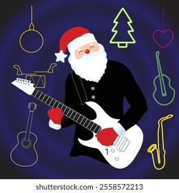 Guitarist Santa in festive hat and neon objects around