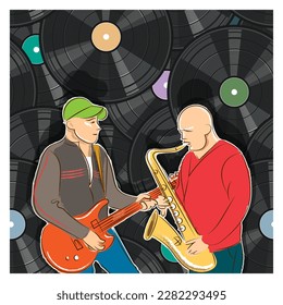 A guitarist and a saxophonist perform a musical composition on a stage decorated with vinyl records. Concert poster. Vector illustration