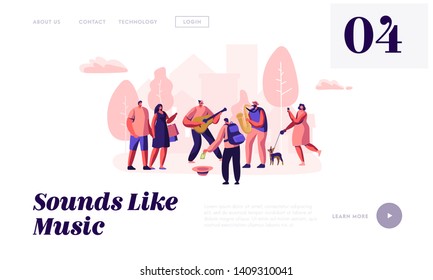 Guitarist and Saxophonist Playing Music in Park, People Watching Concert, Put Money in Hat, Street Musicians Perform Outdoors. Website Landing Page, Web Page. Cartoon Flat Vector Illustration, Banner