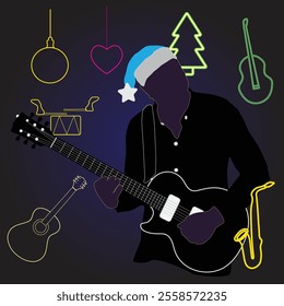 Guitarist silhouette in festive hat and neon objects around