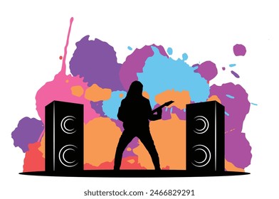 Guitarist Silhouette with Speakers and Splash Ink Brushes. Playing music and art concept vector