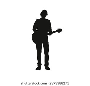 guitarist silhouette. Vector silhouette of guitarist on white background. black silhouette guitarist isolated on white background. hand drawn man playing guitar. vector illustration. guitar player.