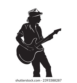 guitarist silhouette. Vector silhouette of guitarist on white background. black silhouette guitarist isolated on white background. hand drawn man playing guitar. vector illustration. guitar player.