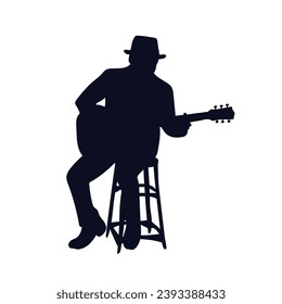 guitarist silhouette. Vector silhouette of guitarist on white background. black silhouette guitarist isolated on white background. hand drawn man playing guitar. vector illustration. guitar player.