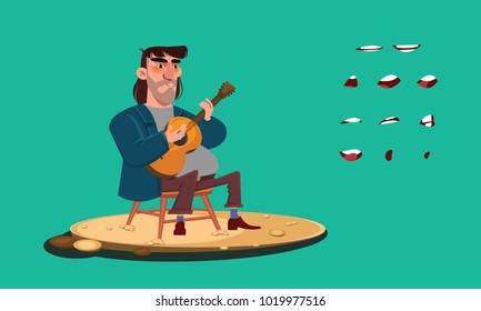 A Guitarist and Singer sitting on a chair and playing a guitar and singing vector flat design illustration with lip sync. 