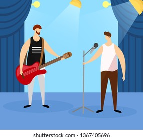 Guitarist and Singer Standing on Stage Illuminated with Spotlights Performing Music Concert. Male Artists Playing an Electric Guitar and Singing to Vintage Microphone. Cartoon Flat Vector Illustration