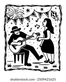 Guitarist and singing woman. Brazilian northeast woodcut cordel illustration.