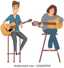 Guitarist sitting with guitar in spotlight, hand over strings. Artist performing, making live music. Man and woman plays musical instrument during concert. Character performs song on acoustic guitar
