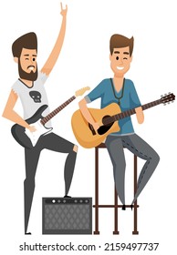 Guitarist sitting with guitar in spotlight hand over strings. Artist performing, making live music. Man plays musical instrument during concert. Male character performs song on electro acoustic guitar