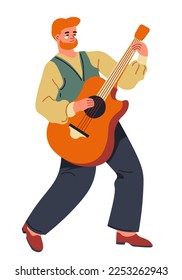 Guitarist and songwriter, isolated man with acoustic guitar giving performance, performing male. Musician with string musical instrument, concert or festival. Cartoon character, vector in flat style