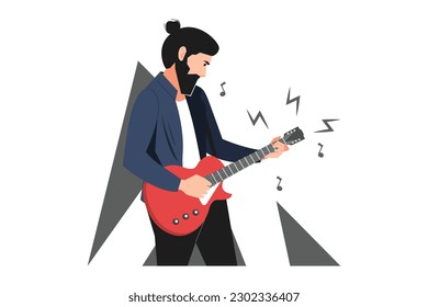 Guitarist standing and playing melody. Musician playing guitar. Man with electric guitar