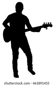 Guitarist vector silhouette illustration isolated on white background. Popular music super star on stage. Guitar music instrument. Rock and roll concert. Country club event. live public entertainment.