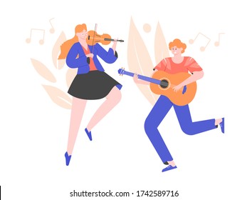 Guitarista y violinista. Los músicos tocan juntos. Espectáculo de concierto. Ilustración plana vectorial.