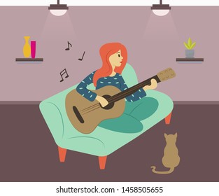 Guitarist woman vector, female character sitting on sofa playing guitar. Cat listening to lady, interior of room, light of lamp and wallpaper, hobby. Flat cartoon