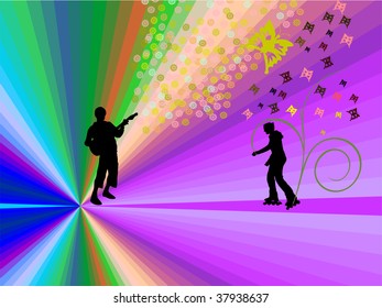 guitarist and young girl with rollerblade-silhouette-modern background