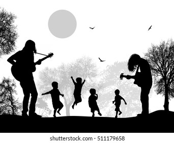 Guitarists playing near childrens on beautiful landscape on white background, vector illustration