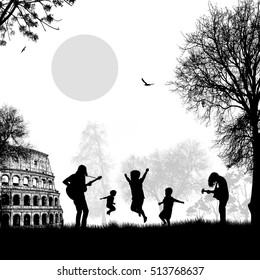 Guitarists playing near childrens in Rome on white, vector illustration
