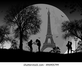 Guitarists playing in Paris on beautiful landscape with lovers on grey sunset, vector illustration