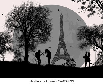 Guitarists playing in Paris on beautiful landscape with lovers on white, vector illustration