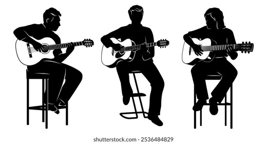 Guitarristas Trío Silhouettes. Hombres Tocando Guitarras Acústicas. Clipart de Vector aislados en blanco.