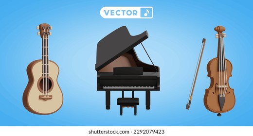 guitar,piano,violin 3D vector icon set, on a blue background