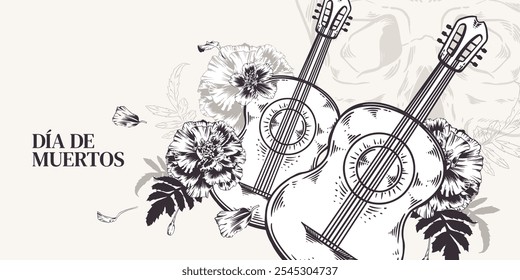 Guitarron with flowers and skull on background. Vector monochrome illustration of stringed musical instrument with Cempasuchil. Marigolds with acoustic guitar. Festive banner for Day of the Dead