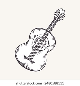 Guitarron. Vector illustration. Acoustic guitar. Musical string instrument. Mexican culture. Silhouette in cartoon, flat style. Graphics on a white background