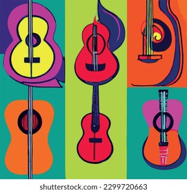 Guitars and Bass Guitars Set. Abstract Musical Instruments Illustration for poster acoustic and electric guitars set