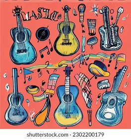 Guitars and Bass Guitars Set. Abstract Musical Instruments Illustration for poster acoustic and electric guitars set music festival