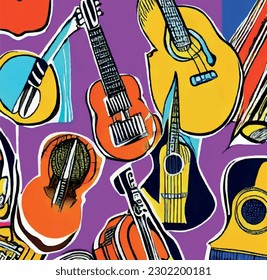 Guitars and Bass Guitars Set. Abstract Musical Instruments Illustration for poster acoustic and electric guitars set music festival