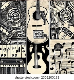 Guitars and Bass Guitars Set. Abstract Musical Instruments Illustration for poster acoustic and electric guitars set music festival