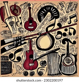 Guitars and Bass Guitars Set. Abstract Musical Instruments Illustration for poster acoustic and electric guitars set music festival