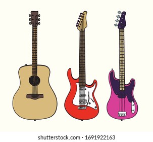 Guitars collection, acoustic, electro and bass guitar, hand drawn doodle gravure vintage style, sketch, color vector illustration