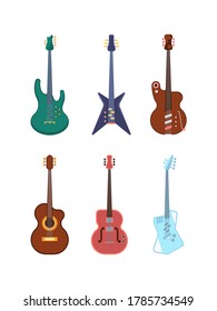 Guitars colored set. String instruments acoustic jumbo dreadnought deck form retro and modern equipment for blues jazz bands form of classical electric musical entertainment. Vector rock.