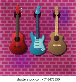 Guitars hanging on the wall. Vector illustration.