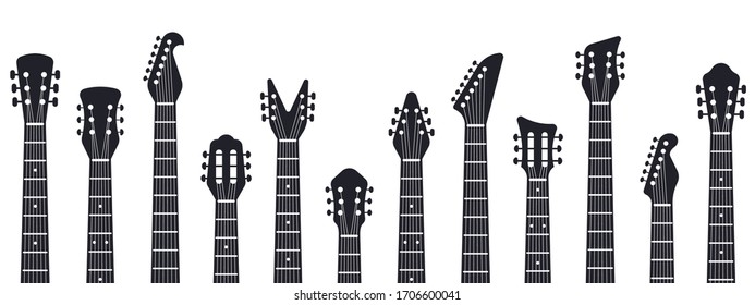 Portada de los guitares. Silueta de cuellos de guitarra de música rock. Guitarras de música eléctrica y acústica aisladas ilustraciones vectoriales. Animación acústica, guitarra de instrumentos, equipo musical