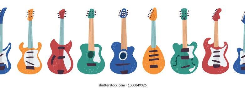 Guitars. Horizontal seamless pattern. Vector illustration in flat style