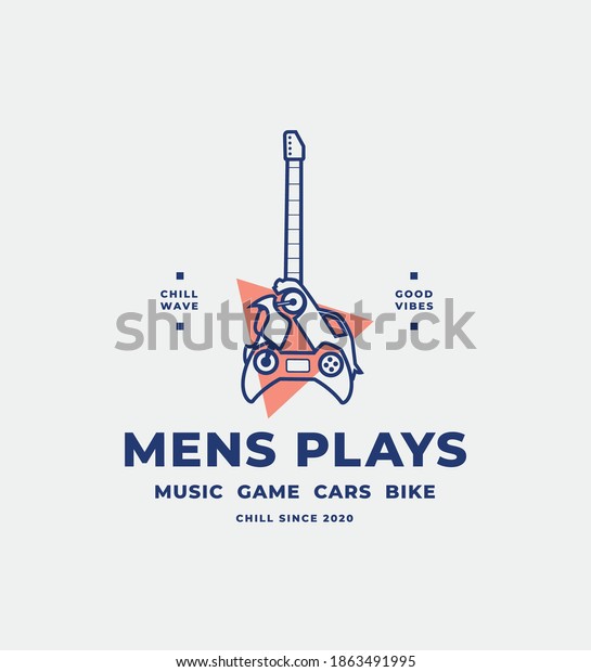 Guitars, motorbikes,\
cars and game consoles illustration. Men\'s hobby vector poster\
banner logo design\
concept