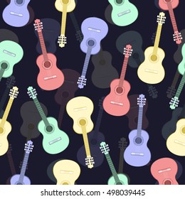 Guitars multicolored seamless pattern, musical background. Colorful drawn guitar on a dark blue background. Vector illustration