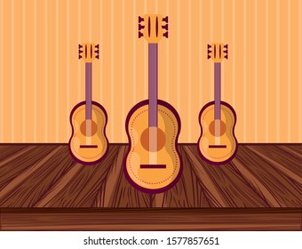 guitars musical instruments in table wooden vector illustration design