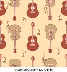Guitars and notes icons seamless pattern hand drawn. Doodle background vector