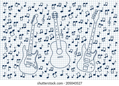 Guitars and notes in notepad illustration