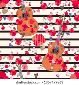 Guitars and scattered flowers on an elegant striped background. Seamless ditsy ornament.