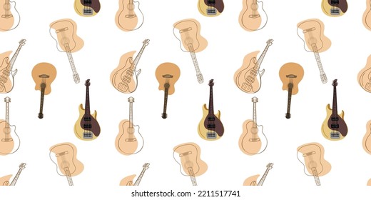 Guitars seamless pattern, doodle, hand drawn. Vector illustration. Musical background