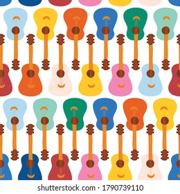 Guitars seamless vector pattern. Repeating background with music colorful instruments. Cute illustration for fabric, music class, music school, guitar lessons, kids decor