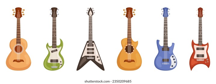 Guitars Set, Stringed Instruments With Resonating Body And Neck Played By Plucking Or Strumming The Strings To Produce Musical Tones. They Come In Various Shapes And Sizes. Cartoon Vector Illustration