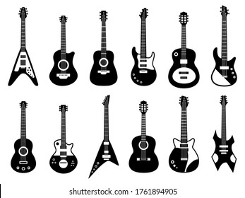 Guitars silhouette. Black electric and acoustic music instrument, rock jazz guitar silhouette, music band guitars vector illustration icons set. Guitar neck, ukulele silhouette and jazz acoustic