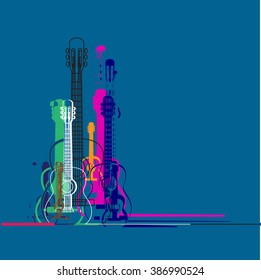 Guitars silhouette and linear colorful banner design , vibrant colorful classic guitar , place for text,concept illustration.